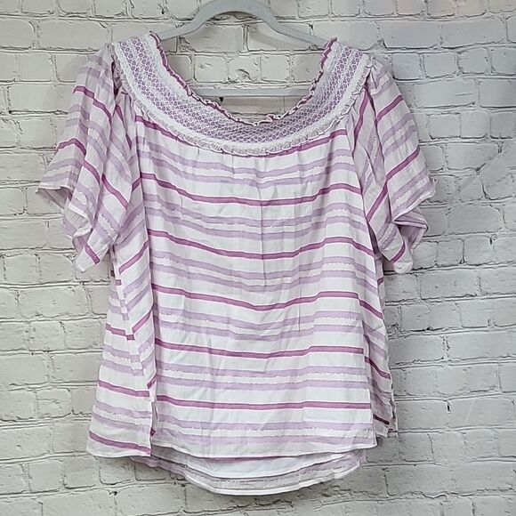 Lane Bryant 18/20 Off the Shoulder Flutter Sleeve Smocked Lavender Stripe Blouse - Picture 4 of 11